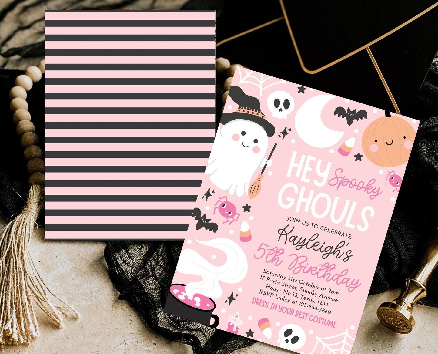 Editable Pink Halloween Birthday Invitation, Halloween Costume Party Invitation, Hey Ghouls Invitation, Pink Halloween Invitation, PHBP04