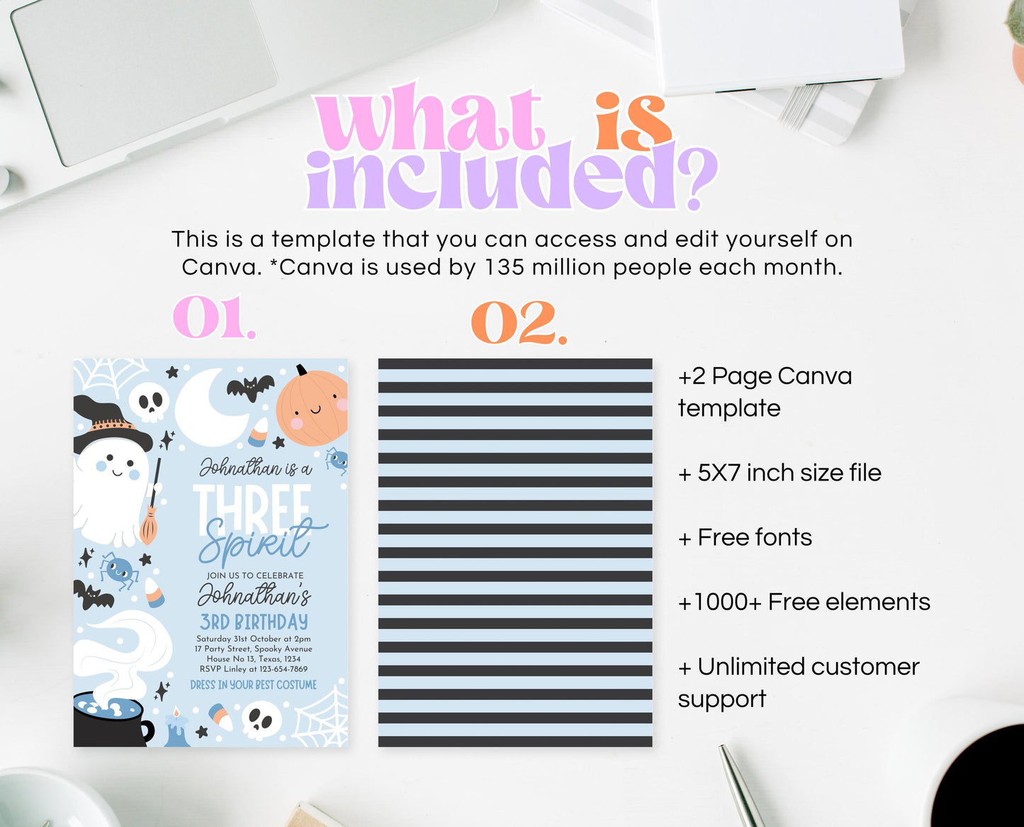 Editable Blue Halloween Birthday Invitation, Halloween Third Birthday Invitation, Three Spirit Invitation, Blue Halloween Invitation, PHBP05
