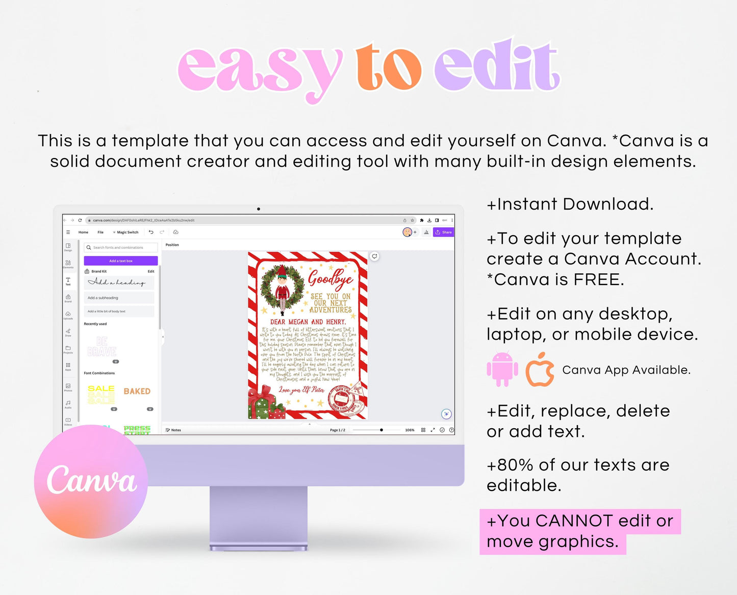 Editable Elf Goodbye Letter, Siblings Elf Letter, Christmas Elf Letter Farewell Letter, Printable Elf Goodbye Letter, Elf letter, CEC02