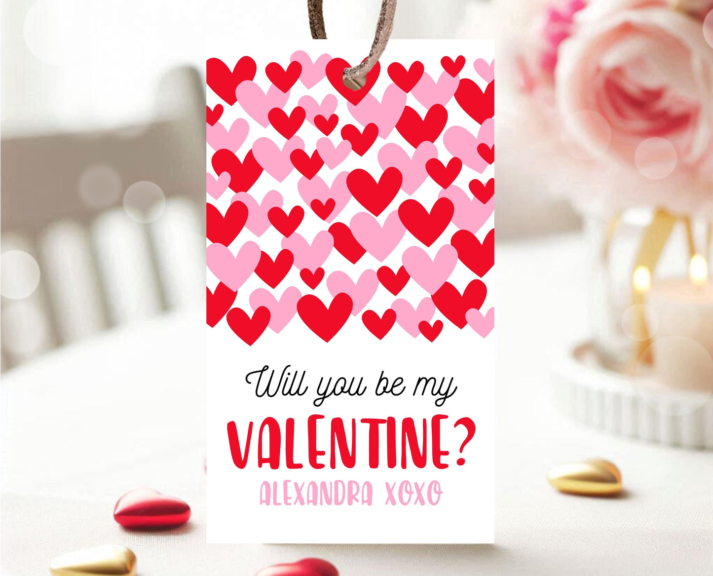 Editable Happy Valentine's Day Gift Tag, Pink Red Hearts Tag, Will You Be My Valentine Tag, School Valentine Gift Tag, Instant Download