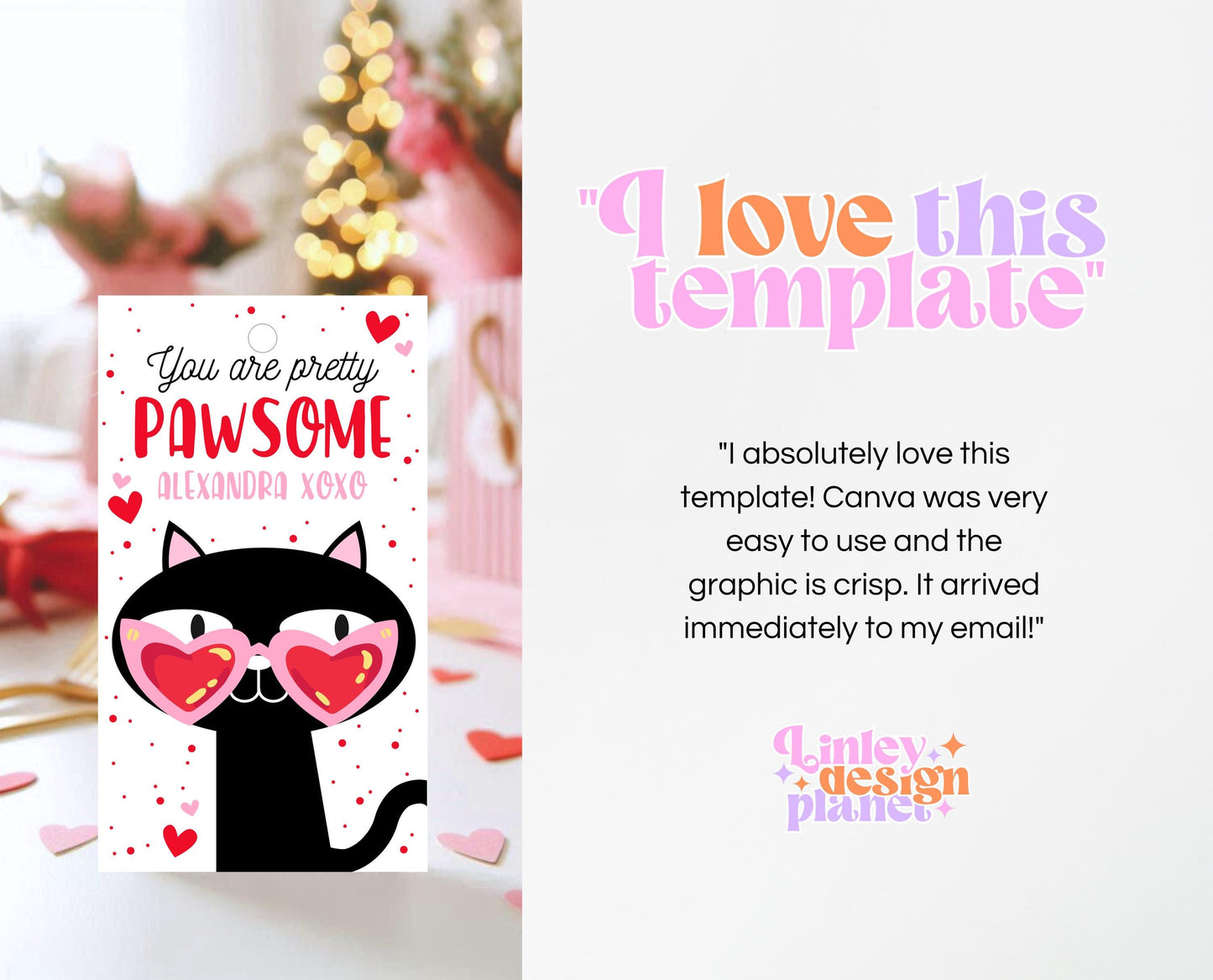 Editable Happy Valentine's Day Gift Tag, Pink Red Heart Sunglasses Tag, Cool Black Cat Valentine Tag, School Valentine Tag, Instant Download