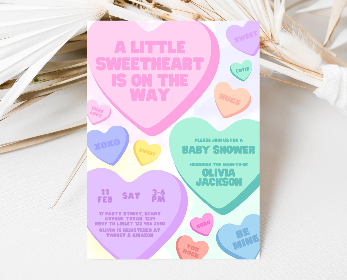 Editable Sweetheart Candy Baby Shower Invitation, Hearts Candy Theme Baby Shower, A Little Sweetheart Invite, Valentines Baby Shower, VDC01
