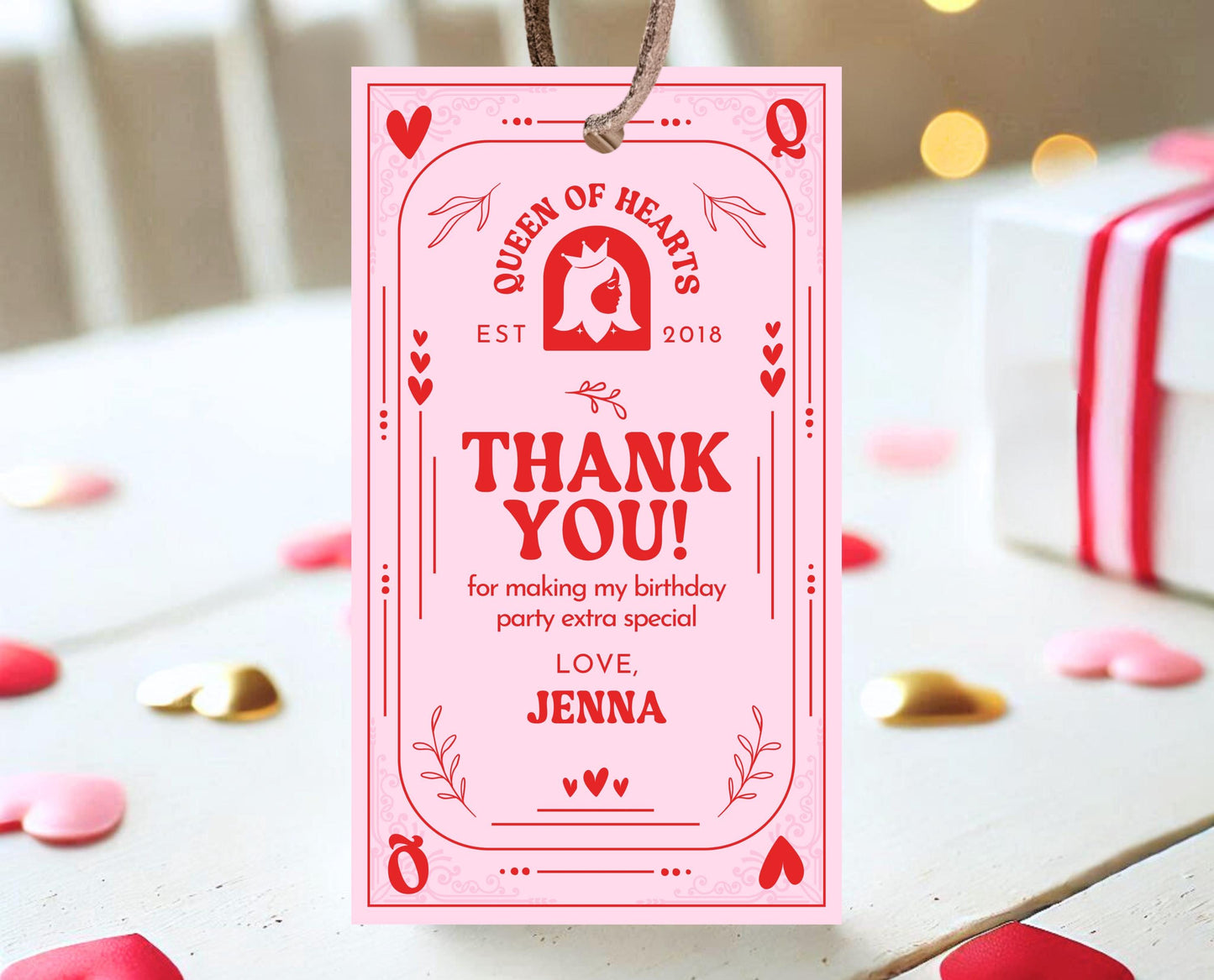 Editable Queen Of Hearts Birthday Favor Tag, Valentine's Birthday Tag, Pink Red Birthday Tag, Queen Poker Card, Valentine Gift Tag, VDC03