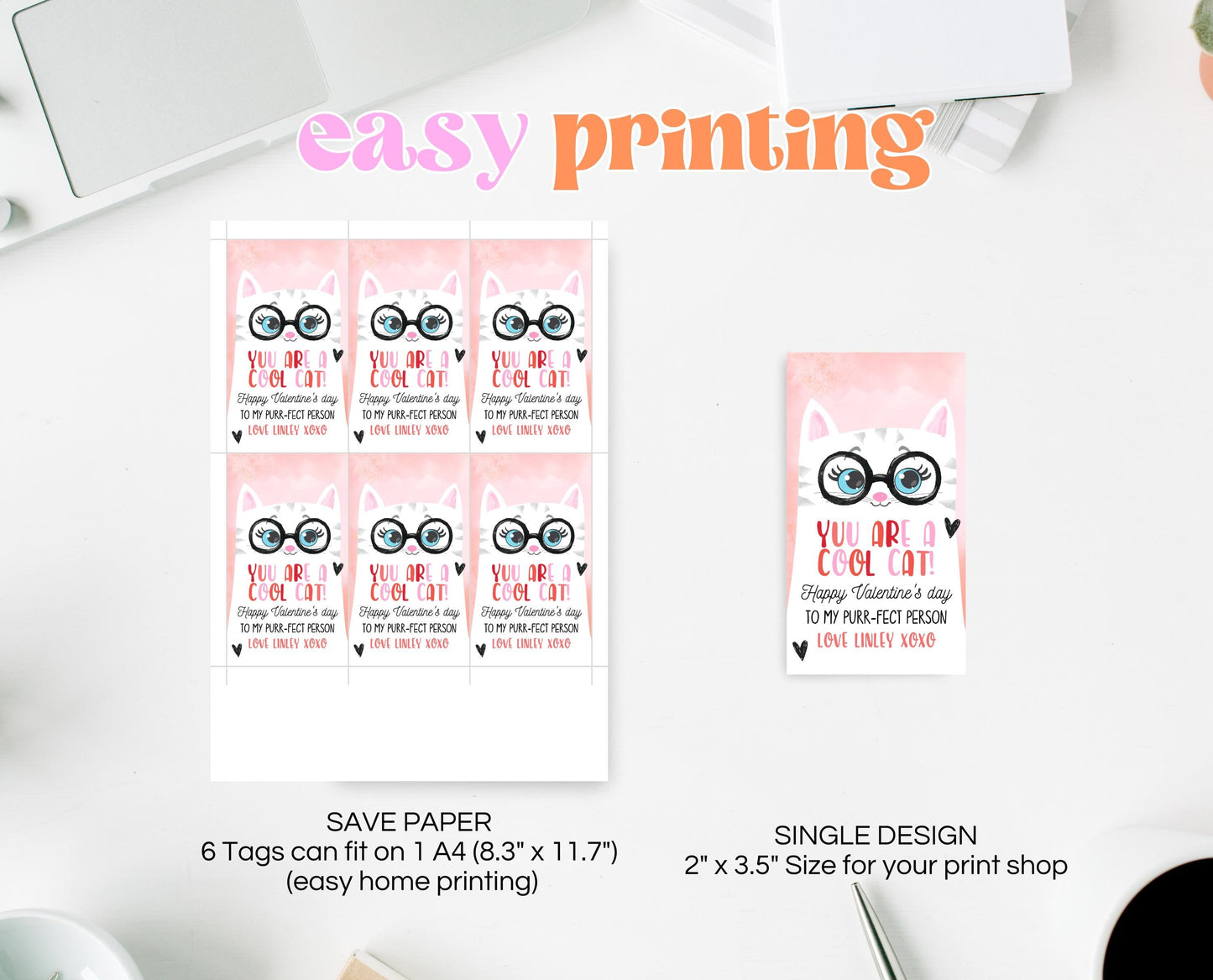Editable Valentine's Day Gift Tag, Cool Cat Valentine's Gift Tag, Happy Valentines Day Tag, Printable, Template, Instant Download, Gift Tag