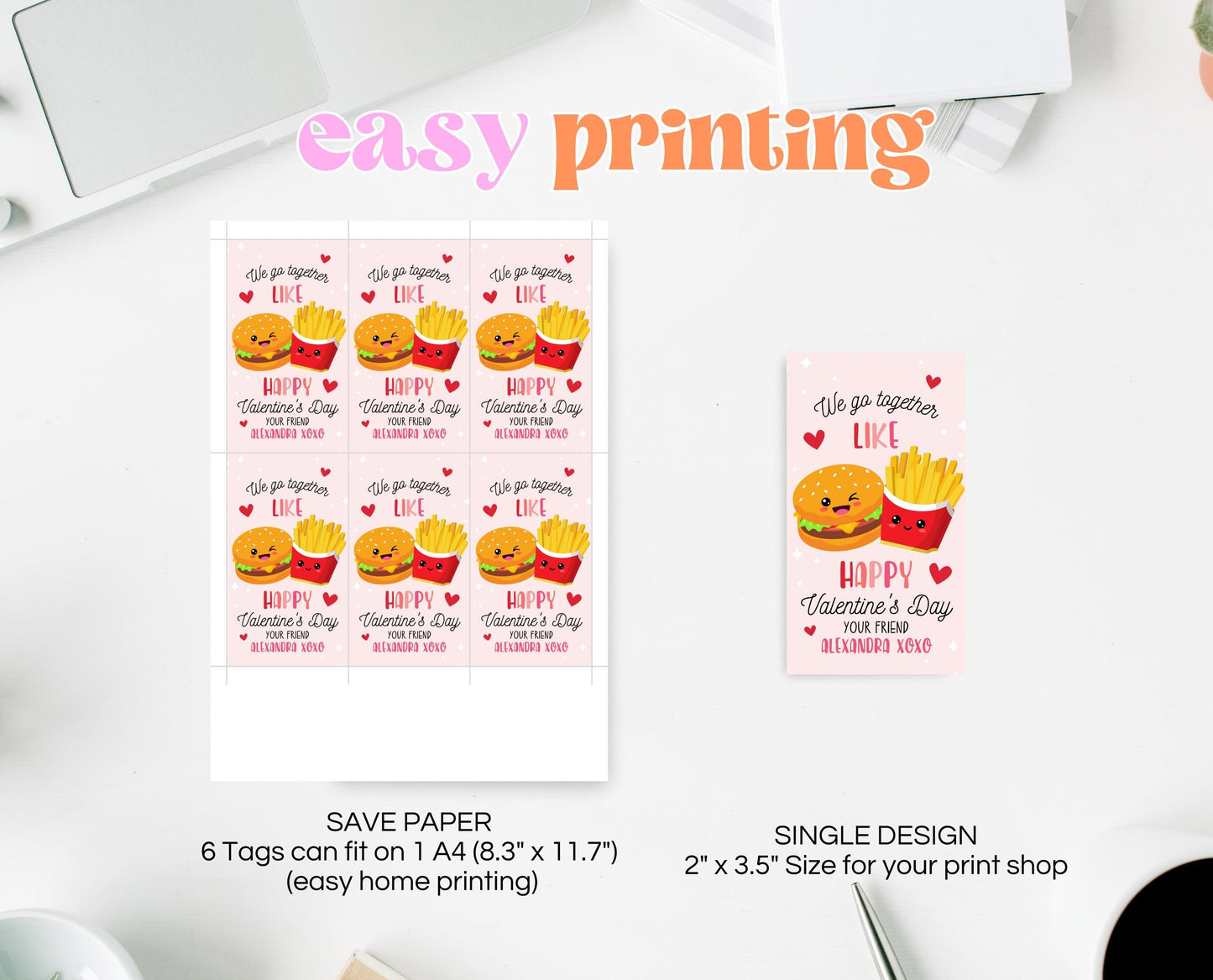Editable Valentine Gift Tag, Burger And Fries Valentine Gift Tags, School Valentine Cards, Printable, Burger And Fries Tag, Instant Download