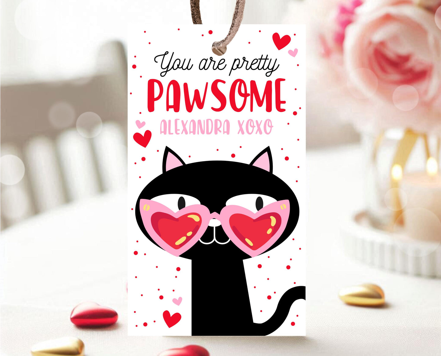 Editable Happy Valentine's Day Gift Tag, Pink Red Heart Sunglasses Tag, Cool Black Cat Valentine Tag, School Valentine Tag, Instant Download
