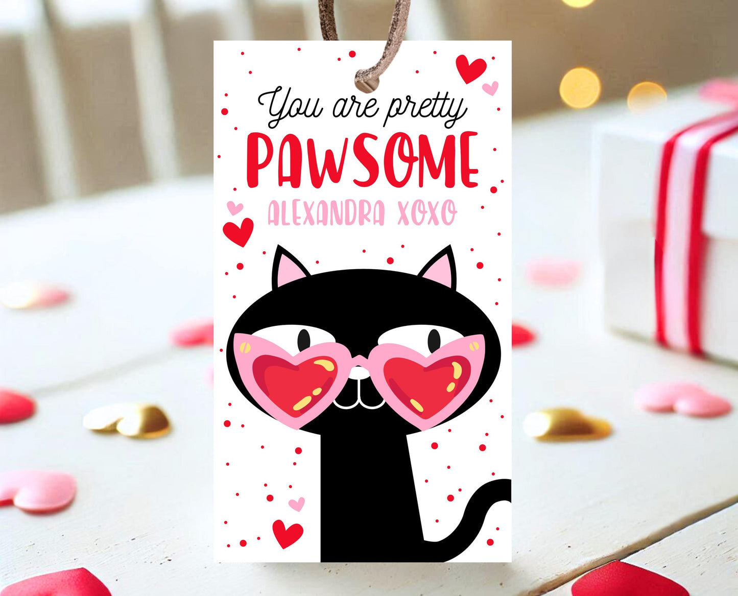 Editable Happy Valentine's Day Gift Tag, Pink Red Heart Sunglasses Tag, Cool Black Cat Valentine Tag, School Valentine Tag, Instant Download
