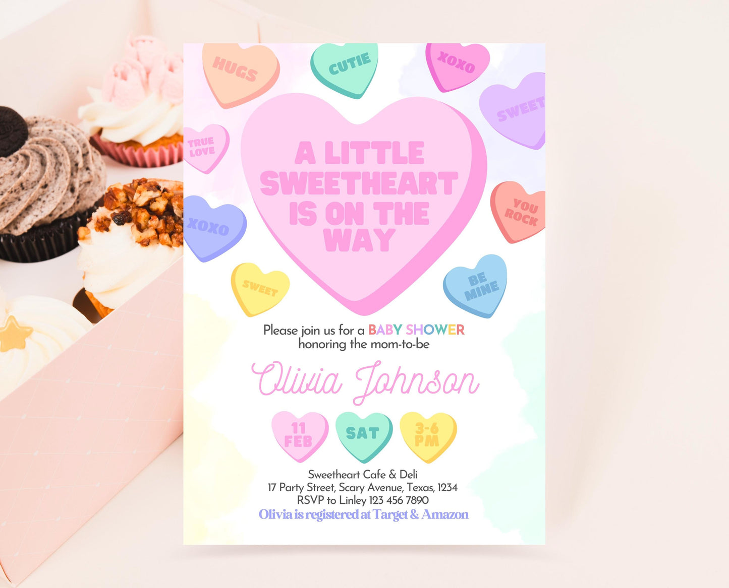 Editable Sweetheart Baby Shower Invitation, Conversation Hearts Theme Baby Shower, A Little Sweetheart Invite, Valentines Baby Shower, VDC01