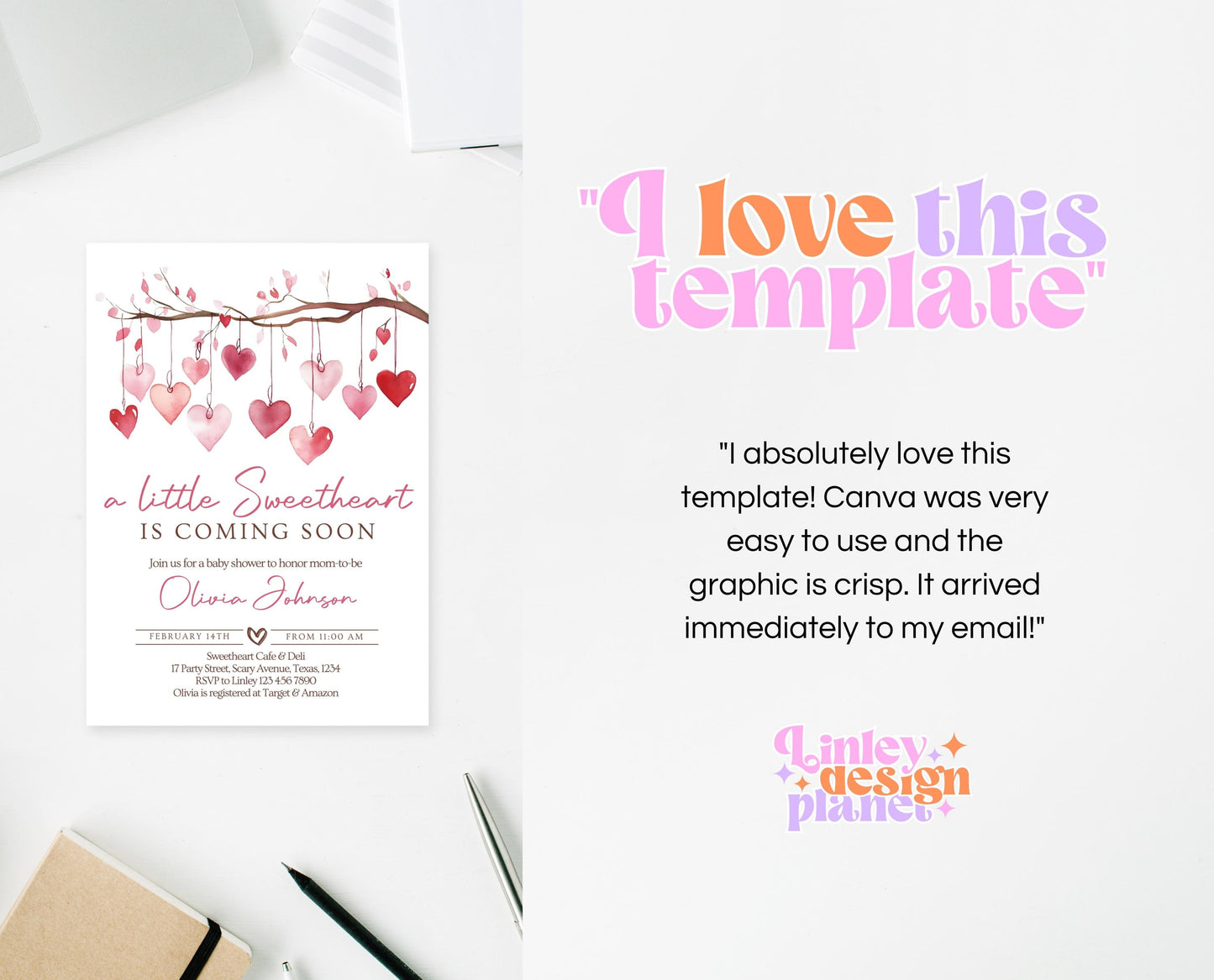 Editable Valentine Baby Shower Invitation, A Little Sweetheart Baby Shower Invite, Pink Red Hearts Baby Shower Invite, Download, VDC02