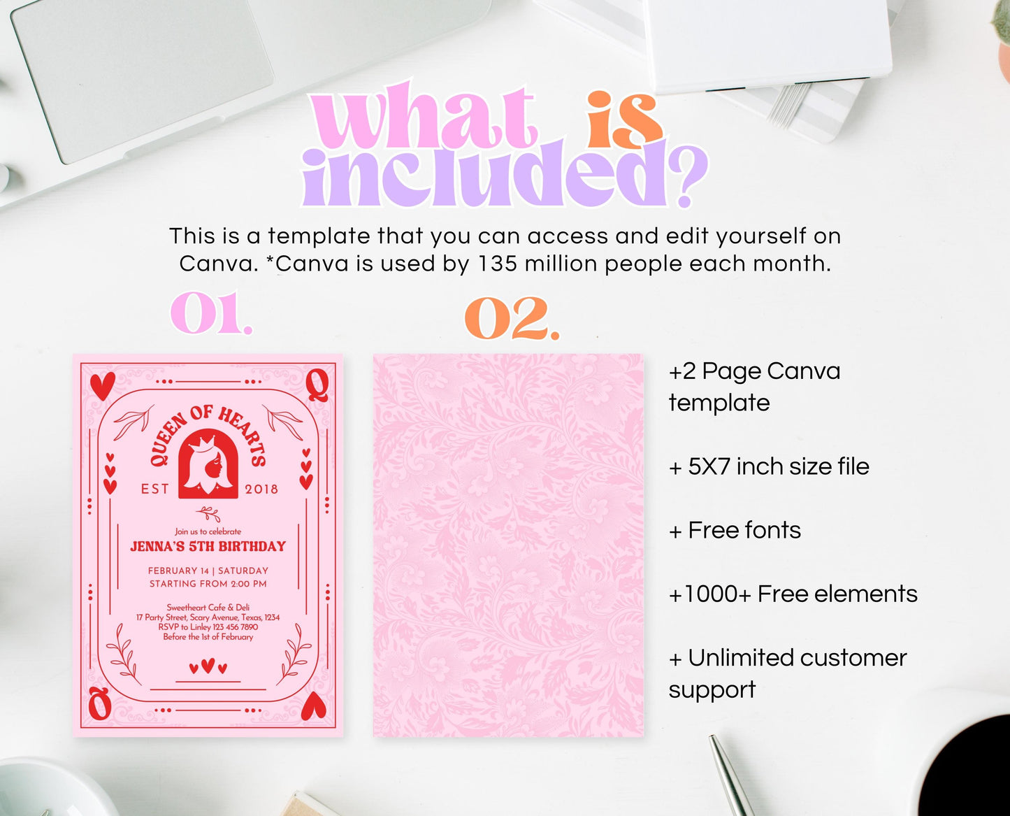 Editable Queen Of Hearts Birthday Invitation, Valentine's Birthday Invite, Pink Red Birthday Invite, Download, Queen Card Invite, VDC03