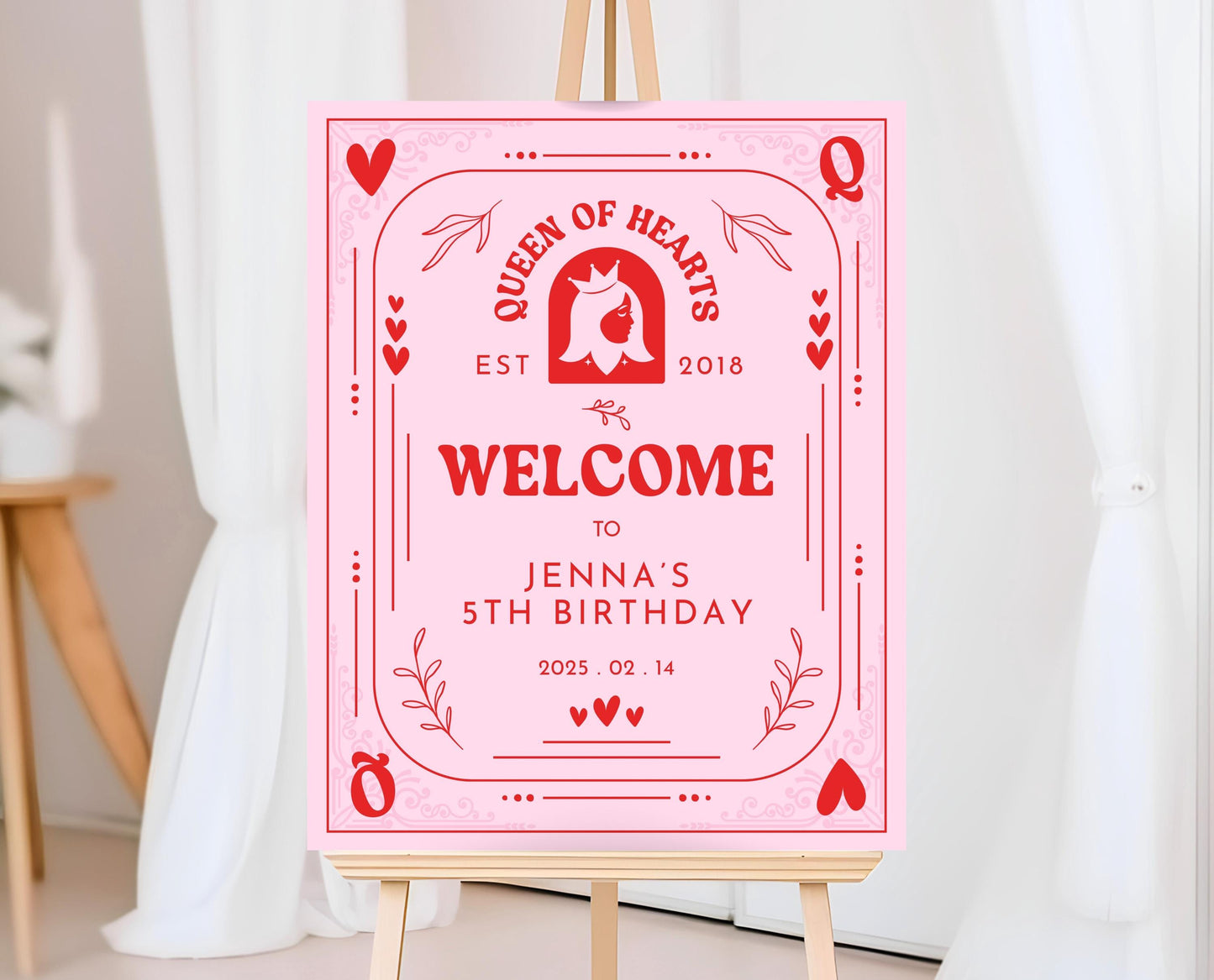 Editable Queen Of Hearts Birthday Welcome Sign, Valentine's Birthday Sign, Pink Red Birthday Welcome Poster, Download, Queen Card, VDC03
