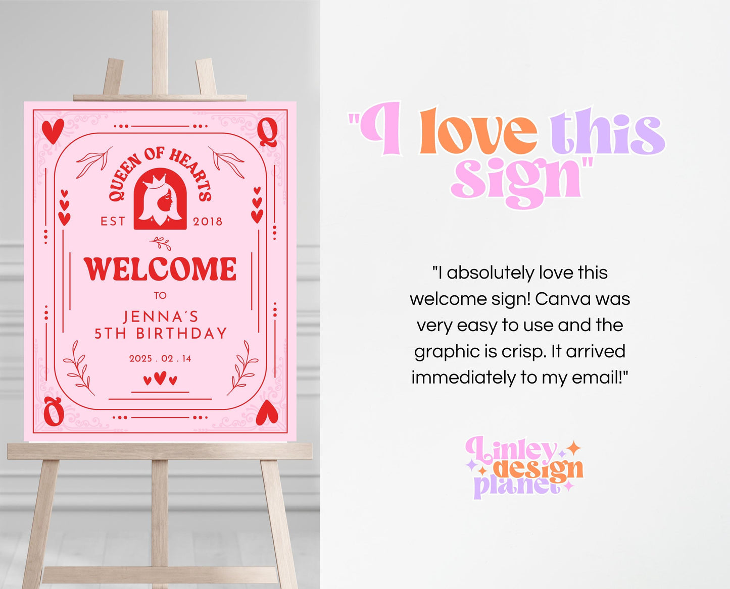 Editable Queen Of Hearts Birthday Welcome Sign, Valentine's Birthday Sign, Pink Red Birthday Welcome Poster, Download, Queen Card, VDC03