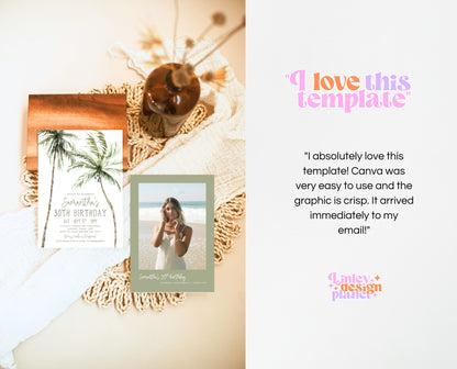 Editable Palm Birthday Invitation Template Folk Palm Trees Summer Party Beach Theme Watercolour Modern Instant Download Printable AB11