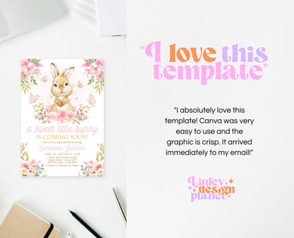 Editable Bunny Baby Shower Invitation, Pink Gold Bunny Invite, Girl Floral Bunny Baby Shower, Spring Rabbit Baby Shower Invite, EPC10