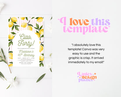 Editable Ciao Forty Birthday Invitation Lemon Boho Theme Modern 40th Party Template Digital Printable Invite Italian Summer Design Pink