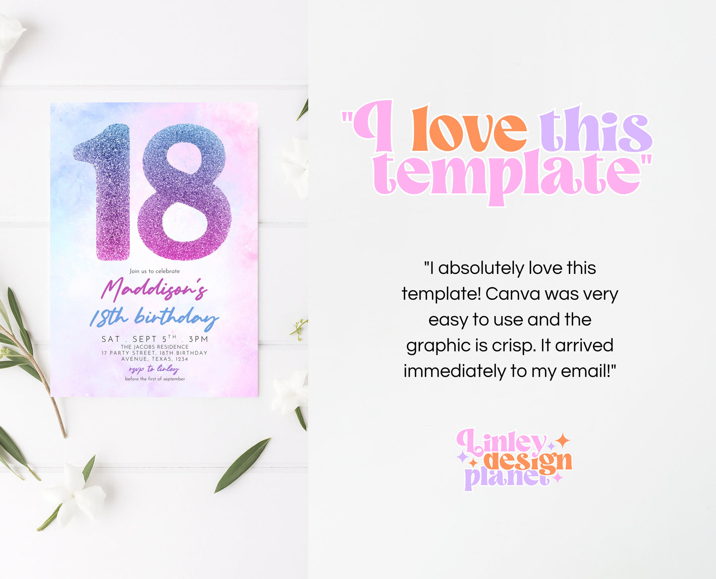 Editable 18th Birthday Invitation Pink Purple Blue Glitter Design Modern Elegant Digital Party Template Printable Invite Instant Download