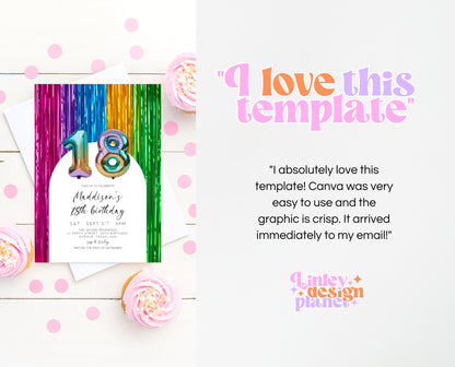 Editable 18th Birthday Invitation Rainbow Streamers Theme Colourful Fun Party Design Digital Template Instant Download Printable Invite