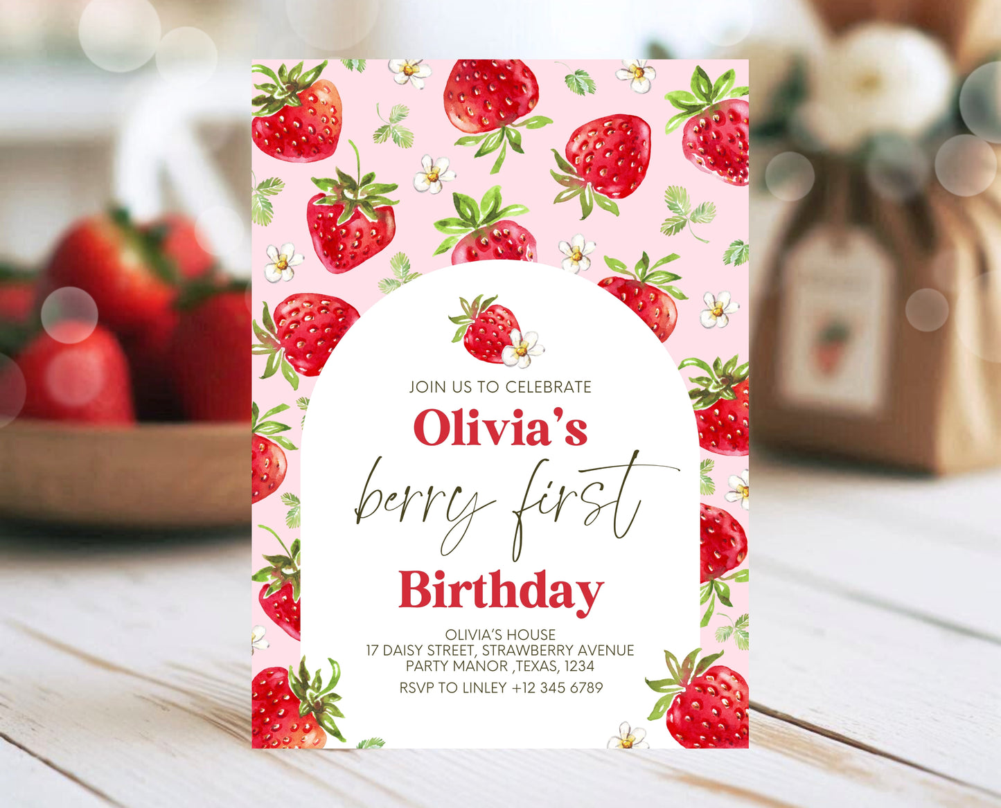 Editable Berry First Birthday Invitation, Strawberry Arch 1st Birthday Girl Invite, Printable Strawberry First Birthday Girl Invitation, GBP05