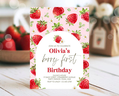 Editable Berry First Birthday Invitation, Strawberry Arch 1st Birthday Girl Invite, Printable Strawberry First Birthday Girl Invitation, GBP05