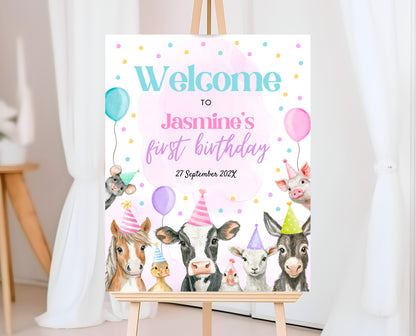 Editable Farm Girl Birthday Welcome Sign, Pink Farm Birthday Party Decor, Calling All Party Animals, Rainbow Girl Farm Welcome Banner, GBP15