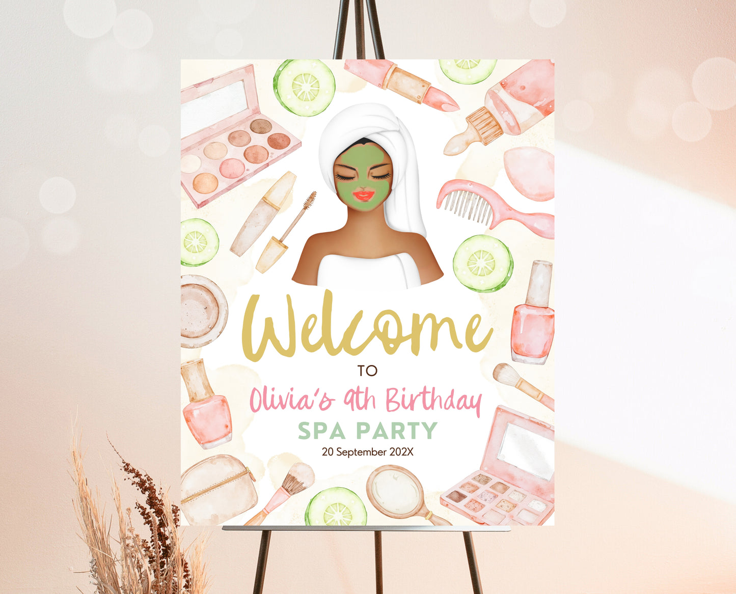 Editable Spa Birthday Welcome Sign, Spa Party Decor, Pamper Birthday, Neutral Glam Party Welcome Banner, Spa Brown Girl Birthday, GBP09