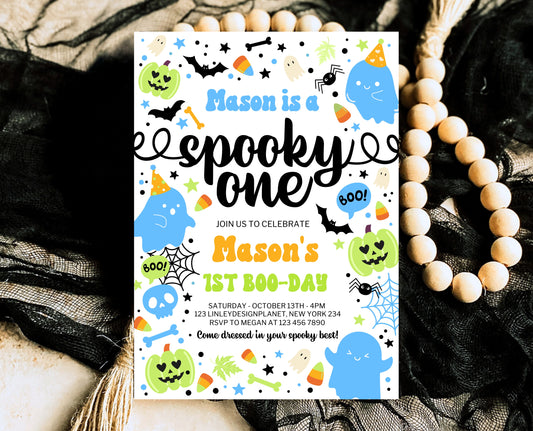 Editable Spooky One Birthday Invitation Blue Green Halloween 1st Birthday Template for Boy Digital Download Printable Invite Neon Boy HB01
