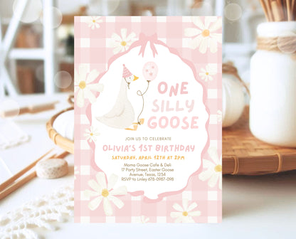 Editable One Silly Goose Birthday Invitation, Girl 1st Birthday Invite, Pink Printable Invite, Goose First Birthday Invite, Template, EPC03