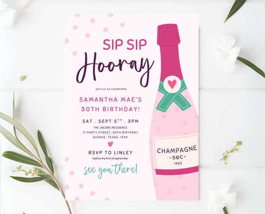 Editable Sip Sip Hooray Pink Champagne Birthday Invitation Cute Bubbly Party Template Modern Girly Printable Invite