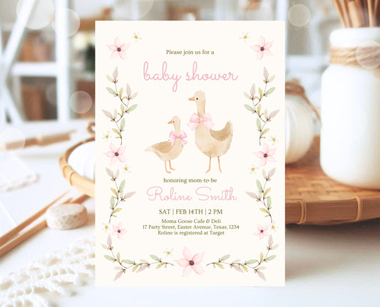 Editable Goose Baby Shower Invitation, A Silly Goose Baby Shower Invitation, Floral Whimsical Goose Invite, Easter Baby Shower Invite, EPC01