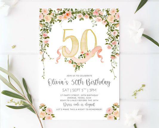 Editable 50th Birthday Invitation Blush Pink Gold Watercolor Roses Digital Template Modern Mobile Invite Instant Download Printable AB10