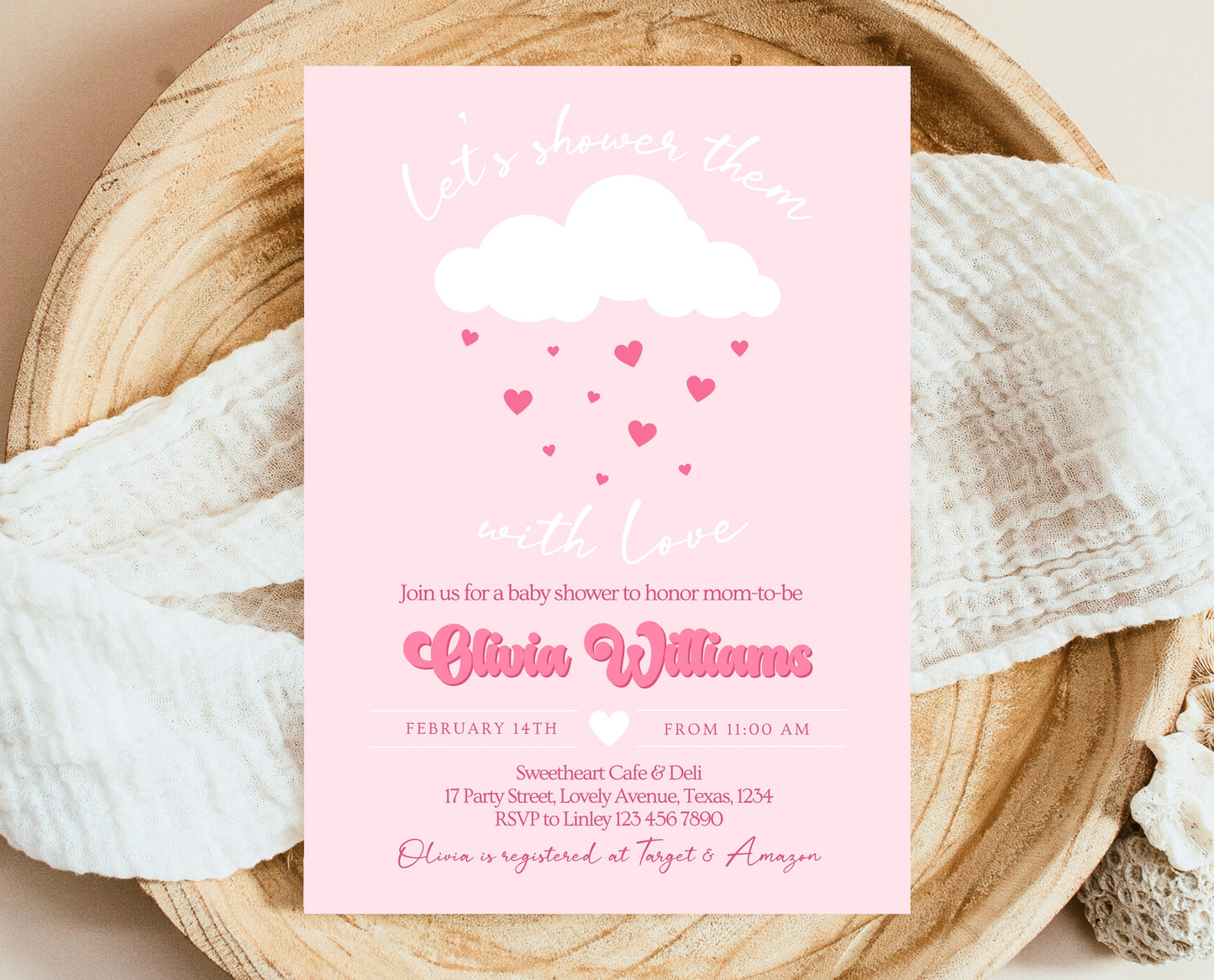 Editable Valentine Baby Shower Invitation, Showered With Love Baby Shower Invite, Pink Cloud Hearts Baby Shower Invite, Download, VDC11