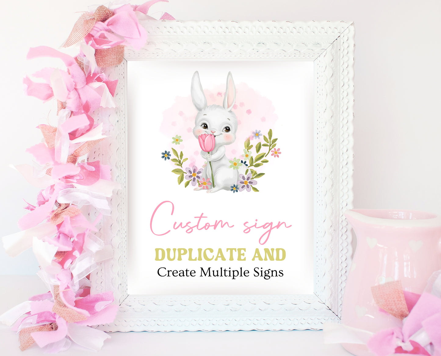 Editable Pink Bunny Birthday Custom Sign, White Bunny Birthday Party, Hop On Over Bunny Birthday, Spring Birthday, Rabbit Custom Sign, EPC16