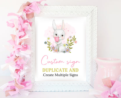 Editable Pink Bunny Birthday Custom Sign, White Bunny Birthday Party, Hop On Over Bunny Birthday, Spring Birthday, Rabbit Custom Sign, EPC16