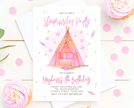 Editable Sleepunder Birthday Invitation Pink Glamping Spa Slumber Party Movie Night Tween Teen Printable Template Instant Download GBP51