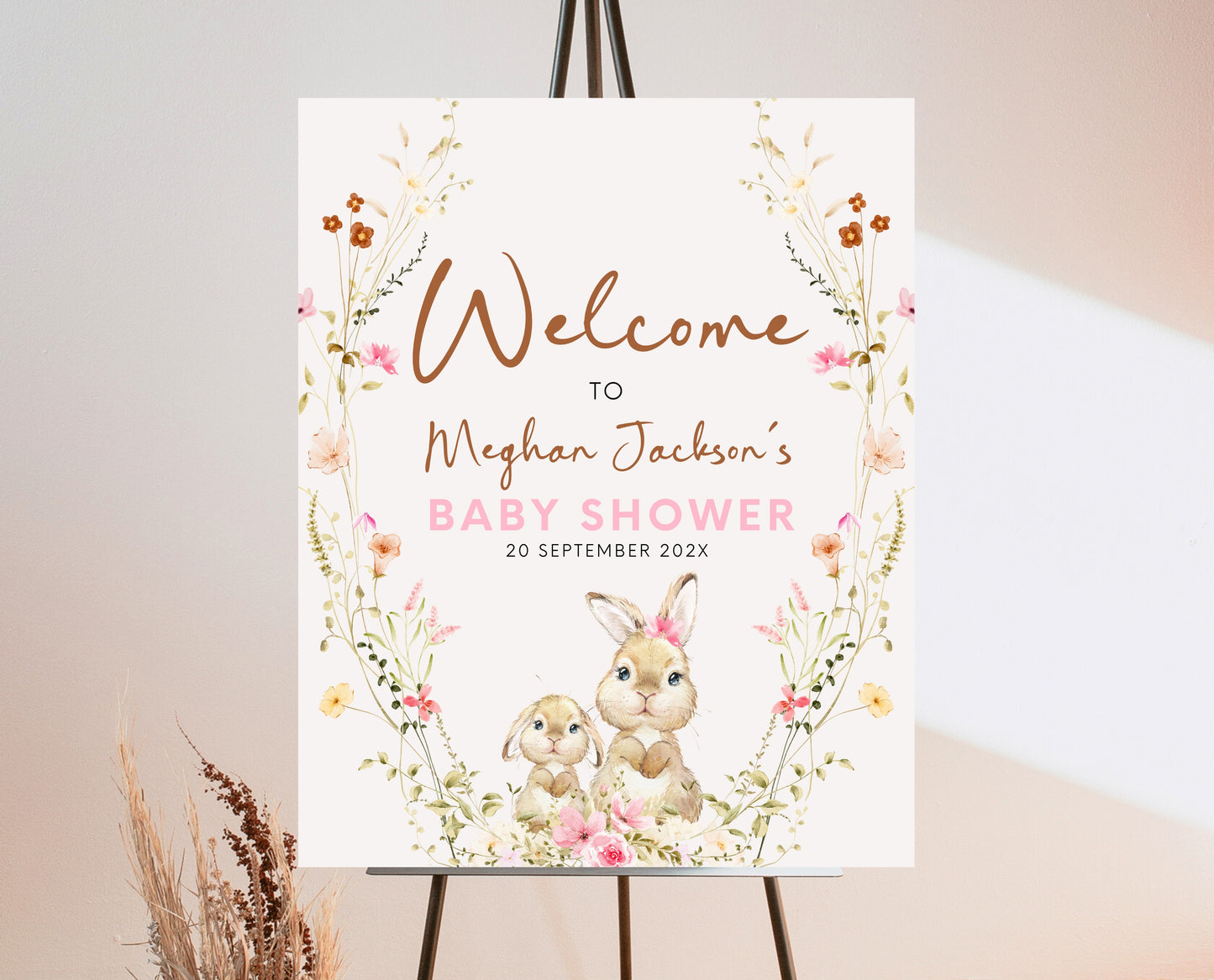 Editable Bunny Baby Shower Welcome Sign, Spring Floral Bunny Decor, Floral Bunny Baby Shower, Spring Bunny Baby Shower Welcome Banner, EPC12