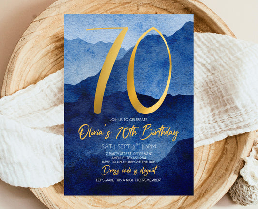 Editable 70th Birthday Invitation Blue Gold Digital Template Modern Mobile Invite for Him Instant Download Printable Party Design AB09