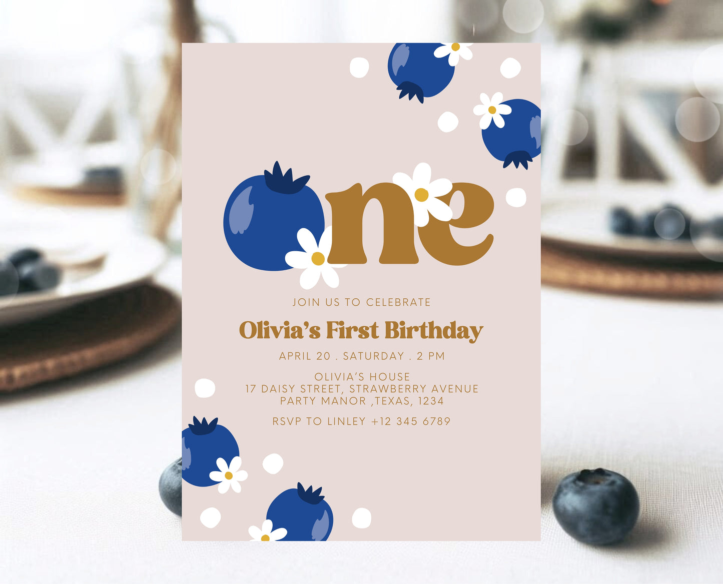 Editable Berry First Birthday Invitation, Gold Blueberry 1st Birthday Girl Invite, Printable Blueberry First Birthday Girl Invitation, GBP03