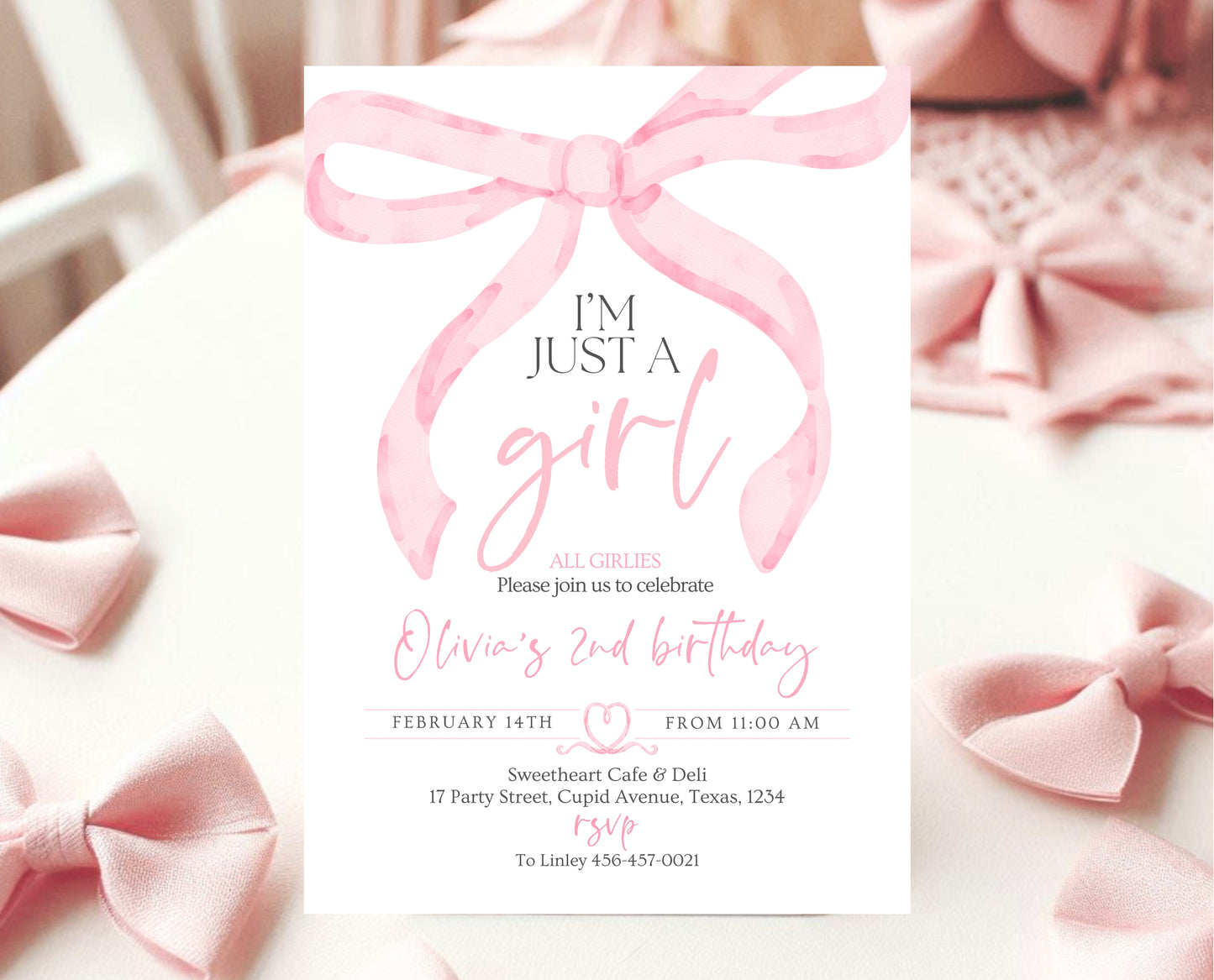 Editable Pink Bow Birthday Invitation, Girl First Birthday Printable, Pink Coquette Bow Invitation Birthday Girl Invite, Bow Invite, VDC12