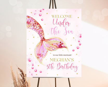 Editable Mermaid Tail Birthday Welcome Sign, Under the Sea Birthday Welcome Banner, Birthday Template, Pink And Gold Glitter Mermaid, GBP11