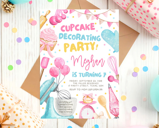 Editable Cupcake Decorating Birthday Invitation Kids Baking Party Chef Girl Invite Pink Cooking Party Instant Download Printable GBP50