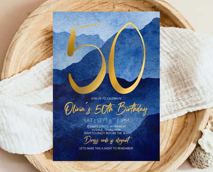 Editable 50th Birthday Invitation Blue Gold Digital Template Modern Mobile Invite for Him Instant Download Printable Party Design AB09