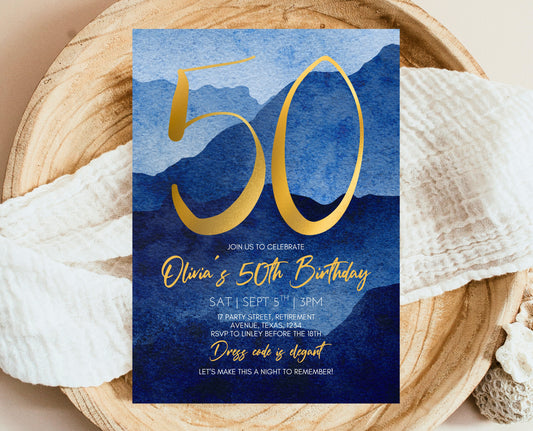 Editable 50th Birthday Invitation Blue Gold Digital Template Modern Mobile Invite for Him Instant Download Printable Party Design AB09