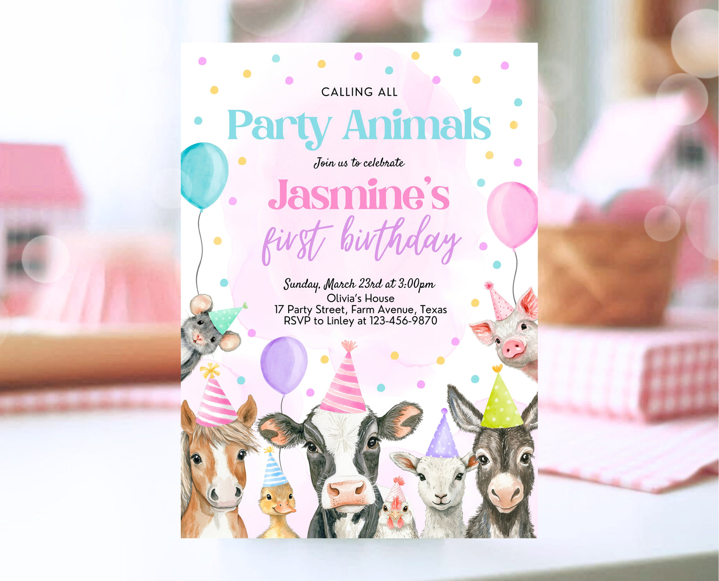 Editable Farm Girl Birthday Invitation, Pink Farm Birthday Party Invite, Calling All Party Animals, Rainbow Farm Animals Party Invite, GBP15