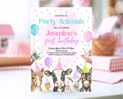 Editable Farm Girl Birthday Invitation, Pink Farm Birthday Party Invite, Calling All Party Animals, Rainbow Farm Animals Party Invite, GBP15