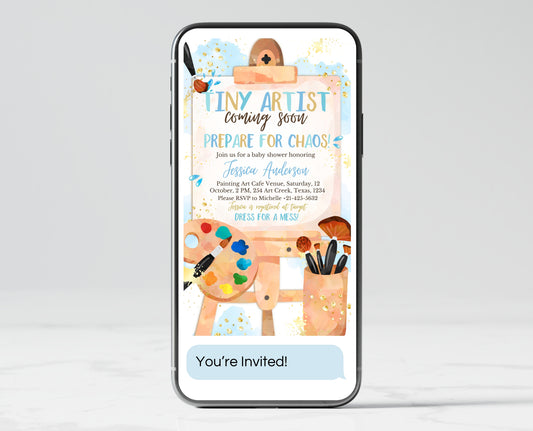 Editable Blue Art Baby Shower Mobile Invitation, A Little Art Is On The Way, Boy Painting Baby Shower, Blue Artist Brushes Baby Shower Evite
