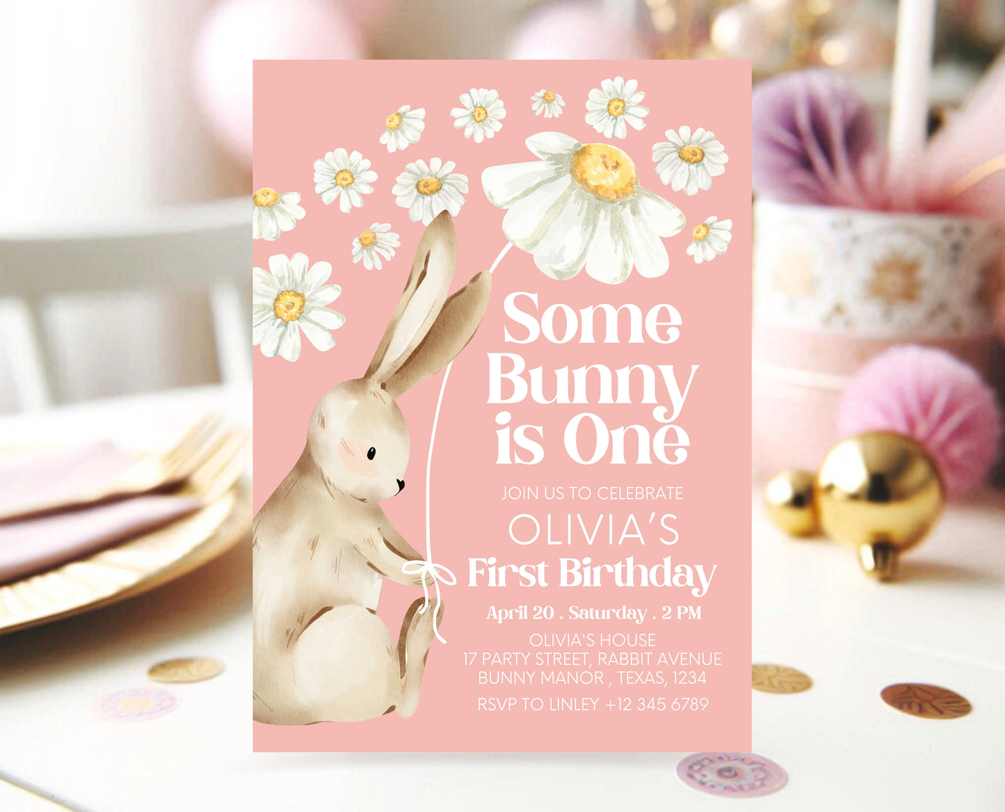 Editable Bunny Birthday Invitation, Some Bunny 1st Birthday Party, Hop On Over Bunny Birthday, Spring Birthday Rabbit Birthday Invite, EPC08