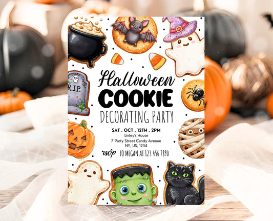 Halloween Cookie Decorating Party Invitation Printable Ghost Pumpkin Bat Baking Card Editable Spooky Trick Treat Digital Instant Download