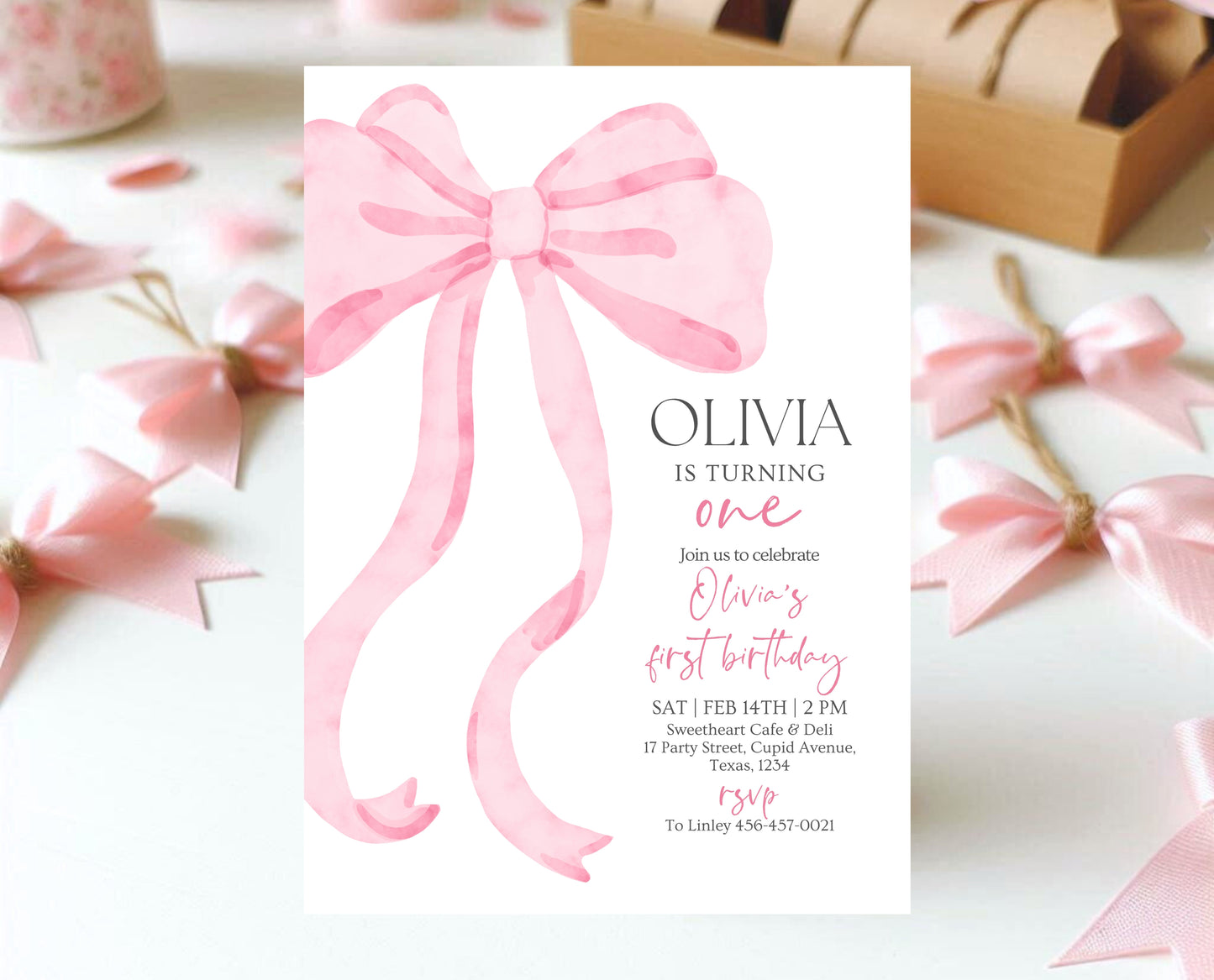 Editable Pink Bow Birthday Invitation, Girl First Birthday Printable, Pink Coquette Bow Invitation Birthday Girl Invite, Bow Invite, VDC12