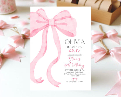 Editable Pink Bow Birthday Invitation, Girl First Birthday Printable, Pink Coquette Bow Invitation Birthday Girl Invite, Bow Invite, VDC12