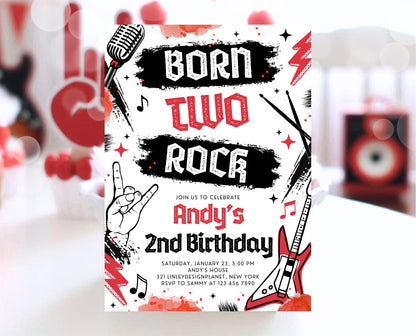 Editable Born Two Rock 2nd Birthday Party Invitation, Boy Rock And Roll Party Invitation, Punk Rock Birthday Invite, Red Rock Invite, BBP08